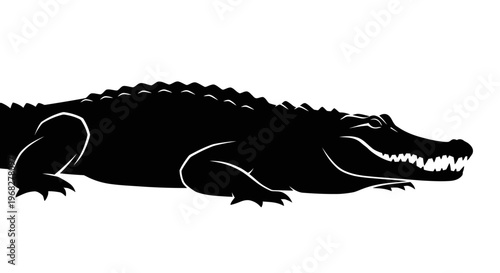 Alligator silhouette with sharp teeth and powerful jaws.