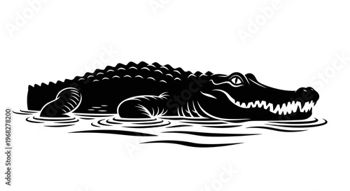 Alligator swimming in water, black and white illustration.