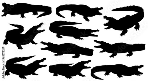 Collection of various crocodile and alligator silhouettes in different poses.