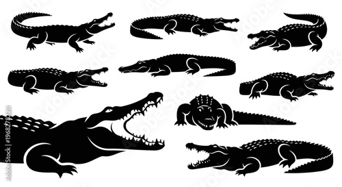 Collection of various crocodile and alligator silhouettes in different poses.