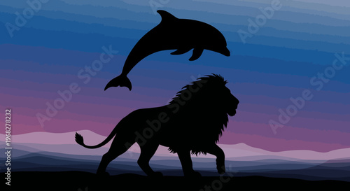 Lion and Dolphin Silhouettes Against a Vibrant Sunset Sky.