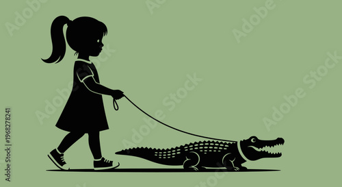 Little girl walking an alligator on a leash, a unique and whimsical scene.