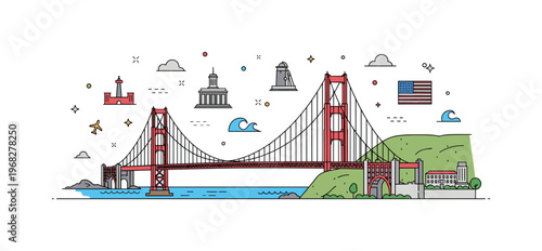 America Golden Gate Bridge concept where the iconic red bridge spans a bay while tiny sparkle and wave icons highlight landmark, architecture, and culture. The