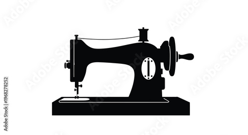 A black silhouette depicts a vintage sewing machine showcasing its classic design and mechanical elements