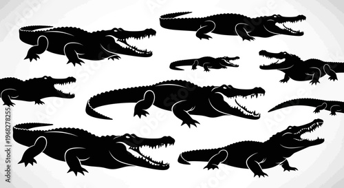 Collection of various crocodile and alligator silhouettes in different poses.