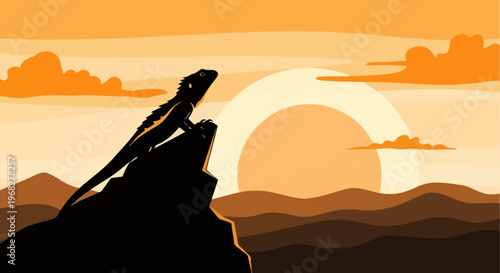 Lizard Silhouette on Rock at Sunset in Desert Landscape.