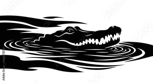 Alligator swimming in water black and white illustration.