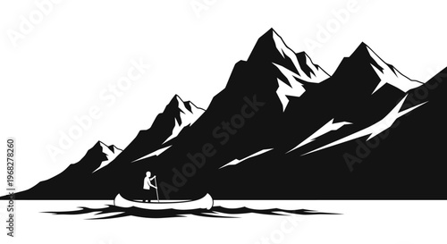 Lone figure in canoe on water with majestic mountains in background.