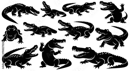 Collection of various crocodile silhouettes in different poses.