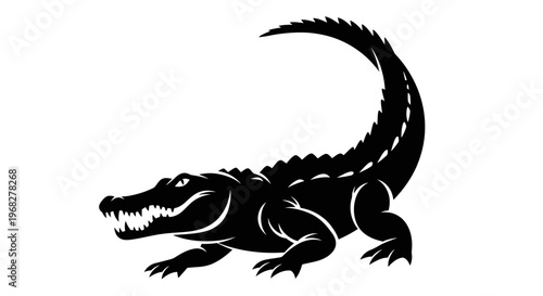 Powerful alligator silhouette with open jaws and sharp teeth.