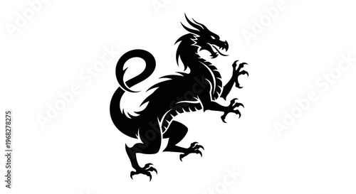 Majestic black dragon mythical creature standing on hind legs.