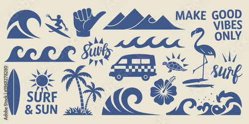 Tropical beach and surf-themed vector set featuring palm trees, ocean waves, surfboards, a retro van, flamingos, and coastal elements with stylish quotes, designed in a bold graphic style 