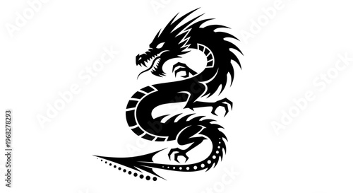 Majestic Black Dragon Silhouette on White Background.