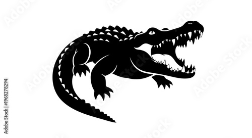 Black silhouette of a fierce alligator with open jaws.