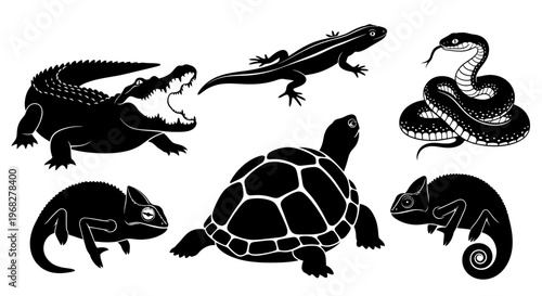 Collection of various reptile silhouettes including alligator, lizard, snake, turtle, and chameleons.
