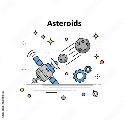 Asteroids asteroid deflection mission concept where spacecraft adjusts trajectory of a rock while small sparkle and gear icons emphasize space technology,