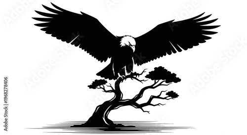 Majestic eagle with outstretched wings perched on a stylized tree silhouette.