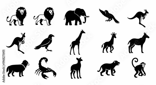 Collection of various wild animals in silhouette form.