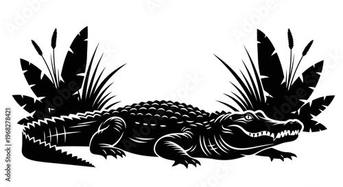 Powerful Alligator Silhouette in Lush Wetland Environment.