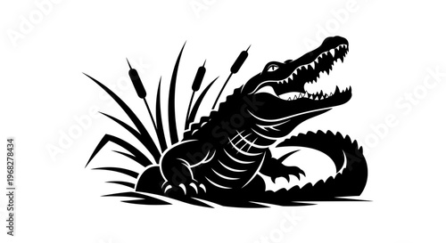 Powerful Alligator Silhouette in Reeds, Striking Black and White Vector Art.