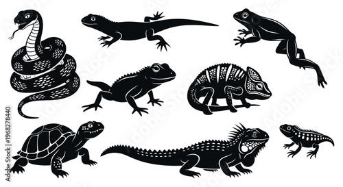 Collection of various reptiles and amphibians in silhouette style.