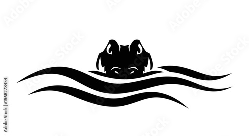 Black silhouette of a frog swimming in water, isolated on a white background, simple design.