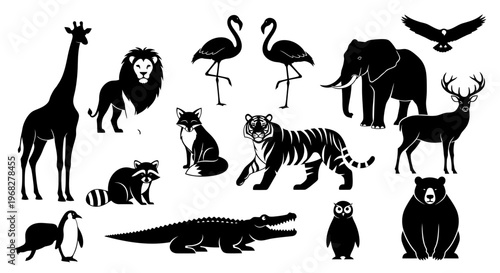 Collection of various wild animals in silhouette form.