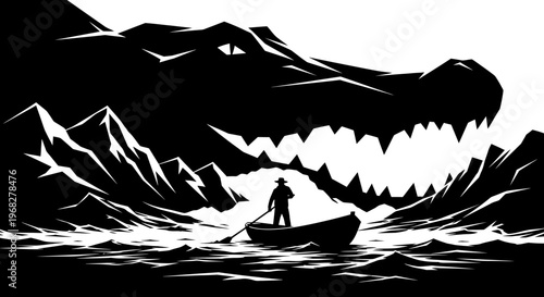 Man in a small boat facing a giant crocodile in a dark, stylized river scene.