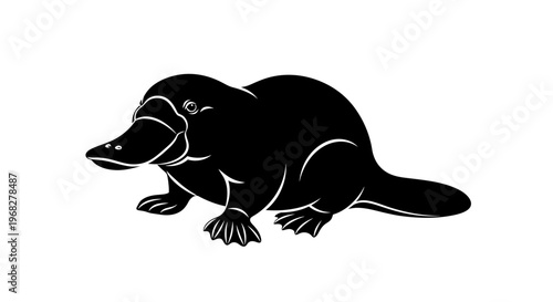 Black Silhouette of a Platypus on White Background.
