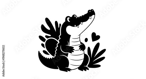 Cute Alligator Illustration with Heart and Leaves.