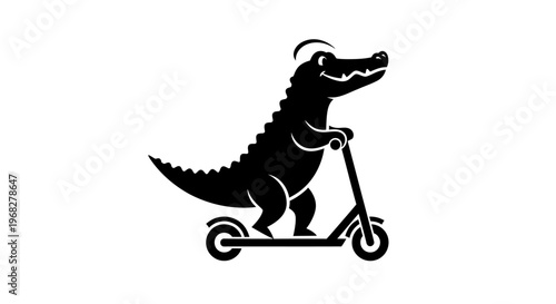Playful alligator character riding an electric scooter.