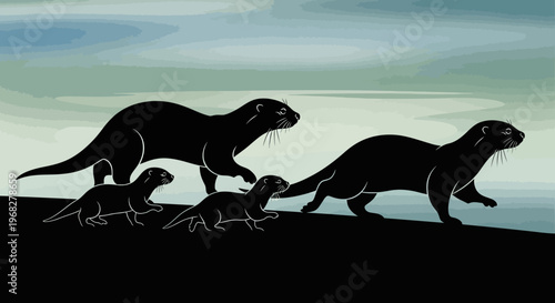 Otter family walking along the waters edge.