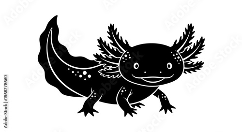 Cute Axolotl Amphibian Animal Black Silhouette Illustration.