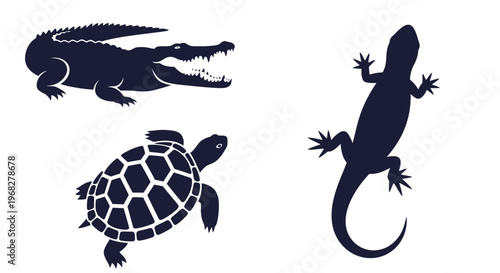 Reptile Silhouettes - Alligator, Turtle, and Lizard Vector Set.