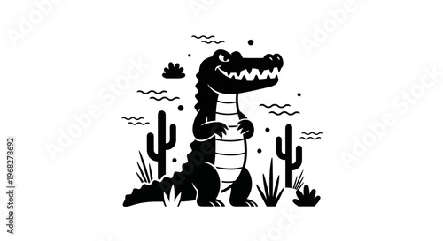 Cute cartoon alligator illustration in desert landscape with cacti.