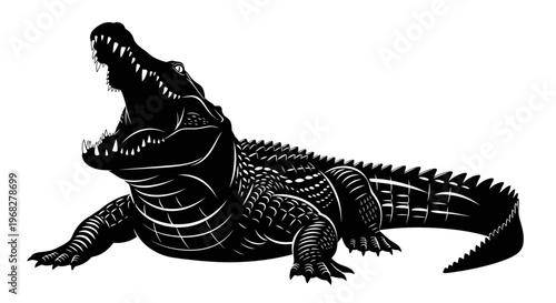 Powerful Alligator with Open Jaws Black and White Engraving.