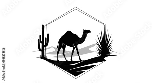 Desert camel silhouette in hexagonal frame with cacti.