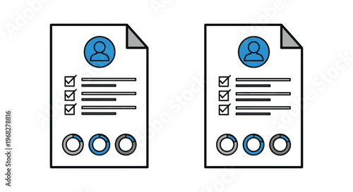 Vector graphic illustration of two identical resumes with blue and black design elements side by side