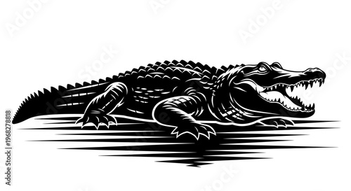Powerful Alligator with Open Jaws Black and White Illustration.