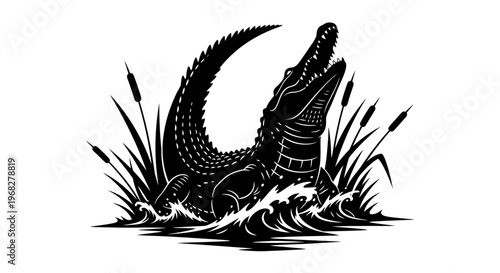 Powerful Alligator Emerging from Water with Reeds.