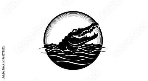 Powerful Alligator Head Emerging from Water in Circle Logo.