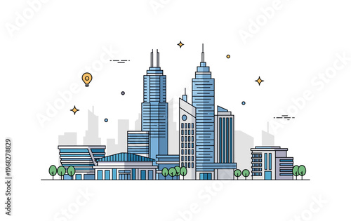 Modern architecture city skyline concept where minimalist skyscrapers and modern buildings are displayed while tiny sparkle and star icons highlight