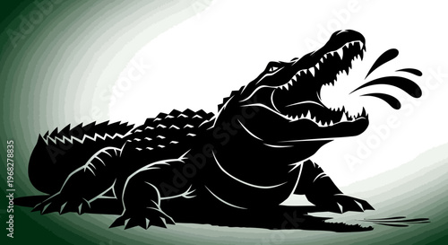 Powerful alligator silhouette roaring with open jaws and splashing water.