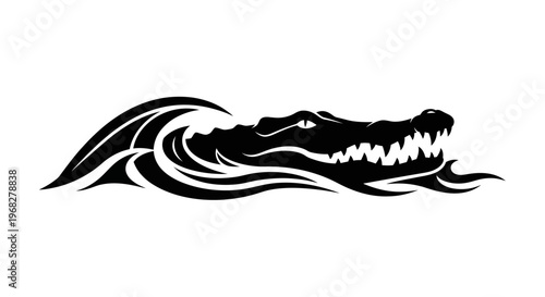 Powerful Alligator Head Emerging from Water Waves Vector Illustration.