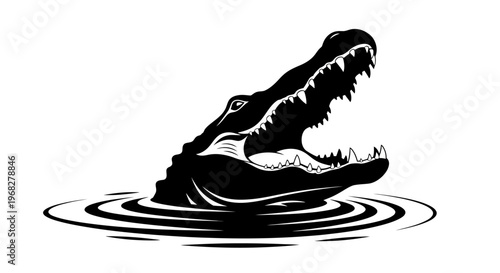 Powerful Alligator Head Emerging from Water with Open Jaws in Striking Silhouette.