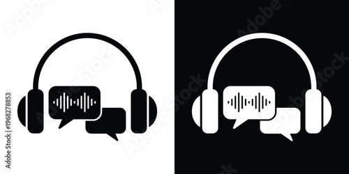Professional vector icon featuring headphones with speech bubbles and sound waves. Ideal for customer support, call centers, voice messaging, language translation, and online consultation.