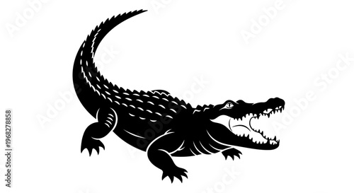 Powerful Alligator with Open Jaws Black and White Illustration.