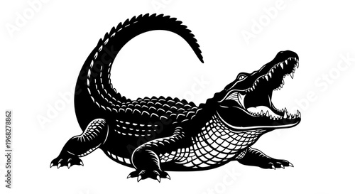 Powerful Alligator with Open Jaws Black and White Illustration.