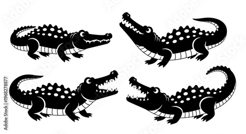 Set of four cartoon crocodiles with open mouths and sharp teeth, black and white illustration.