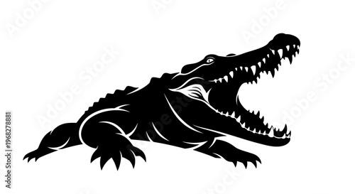 Powerful alligator with open jaws, black and white illustration.
